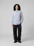 DAXUEN light blue and white vertical pinstripe distressed geometric button-up shirt — model photo