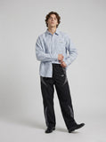 DAXUEN light blue and white vertical pinstripe distressed geometric button-up shirt — model photo