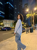 DAXUEN light blue and white vertical pinstripe distressed geometric button-up shirt — model photo