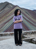 DAXUEN lavender oversized distressed gothic globe graphic t-shirt — model photo