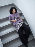 DAXUEN lavender oversized distressed gothic globe graphic t-shirt — model photo