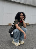 DAXUEN black oversized distressed gothic graphic tee — model photo