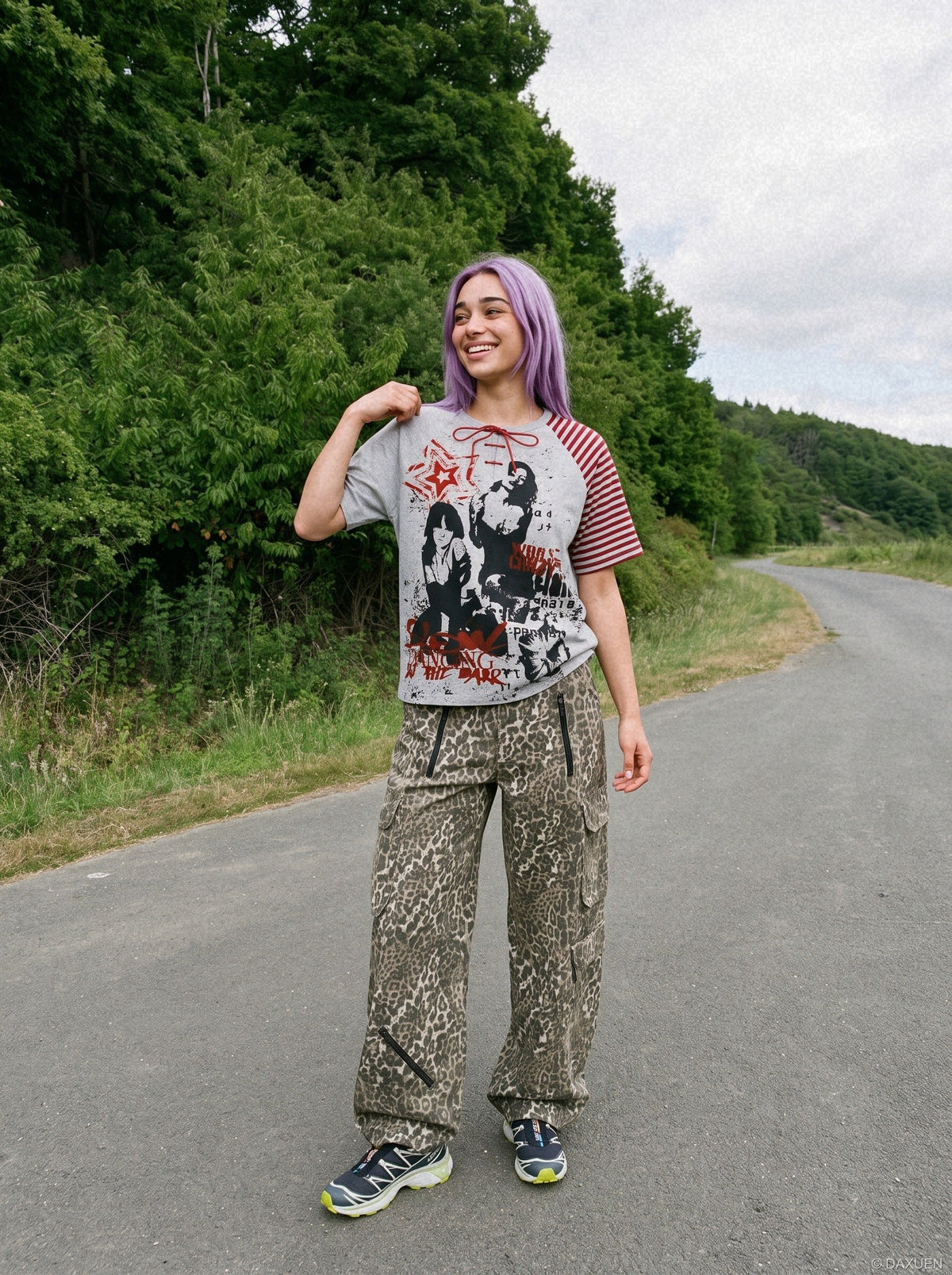 DAXUEN light grey heather distressed graphic t-shirt — model photo