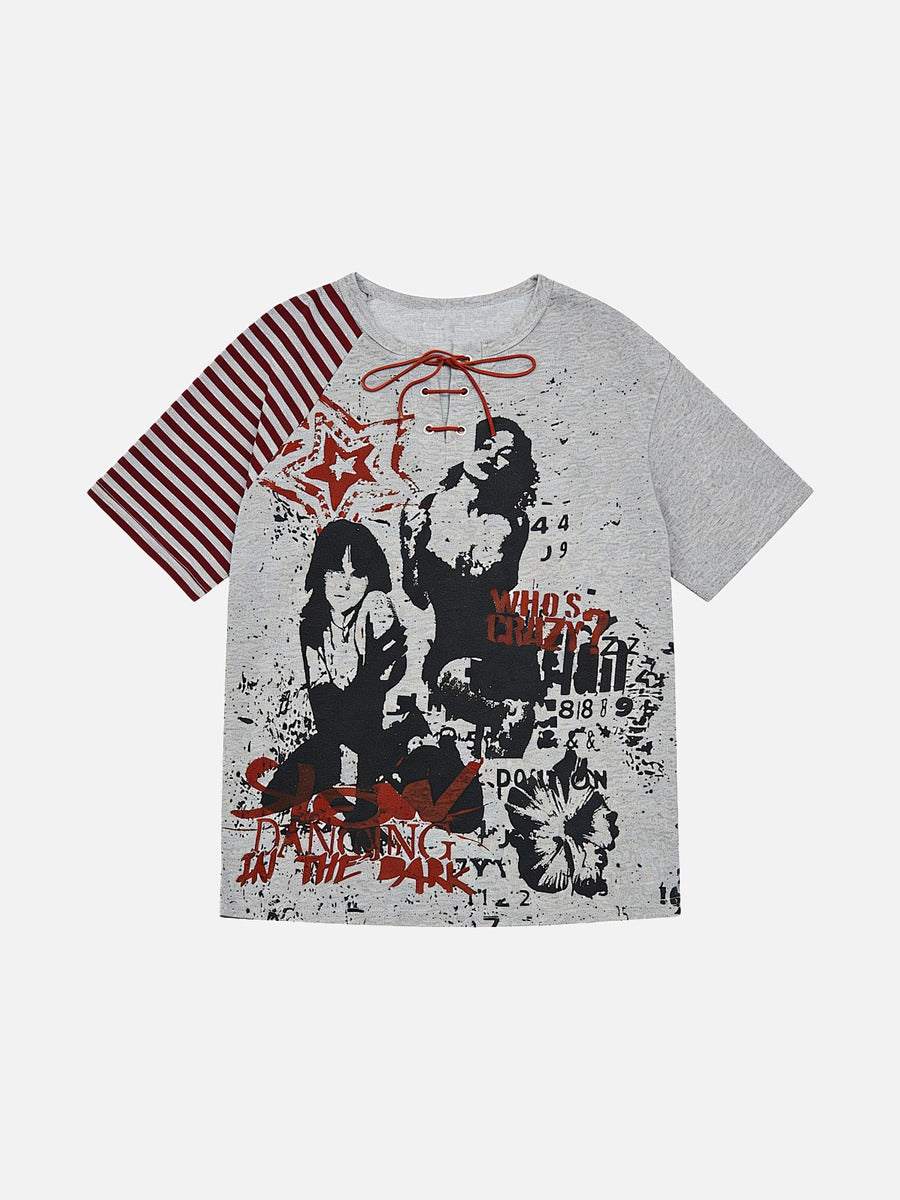 Distressed Graphic and Striped Sleeve T-Shirt