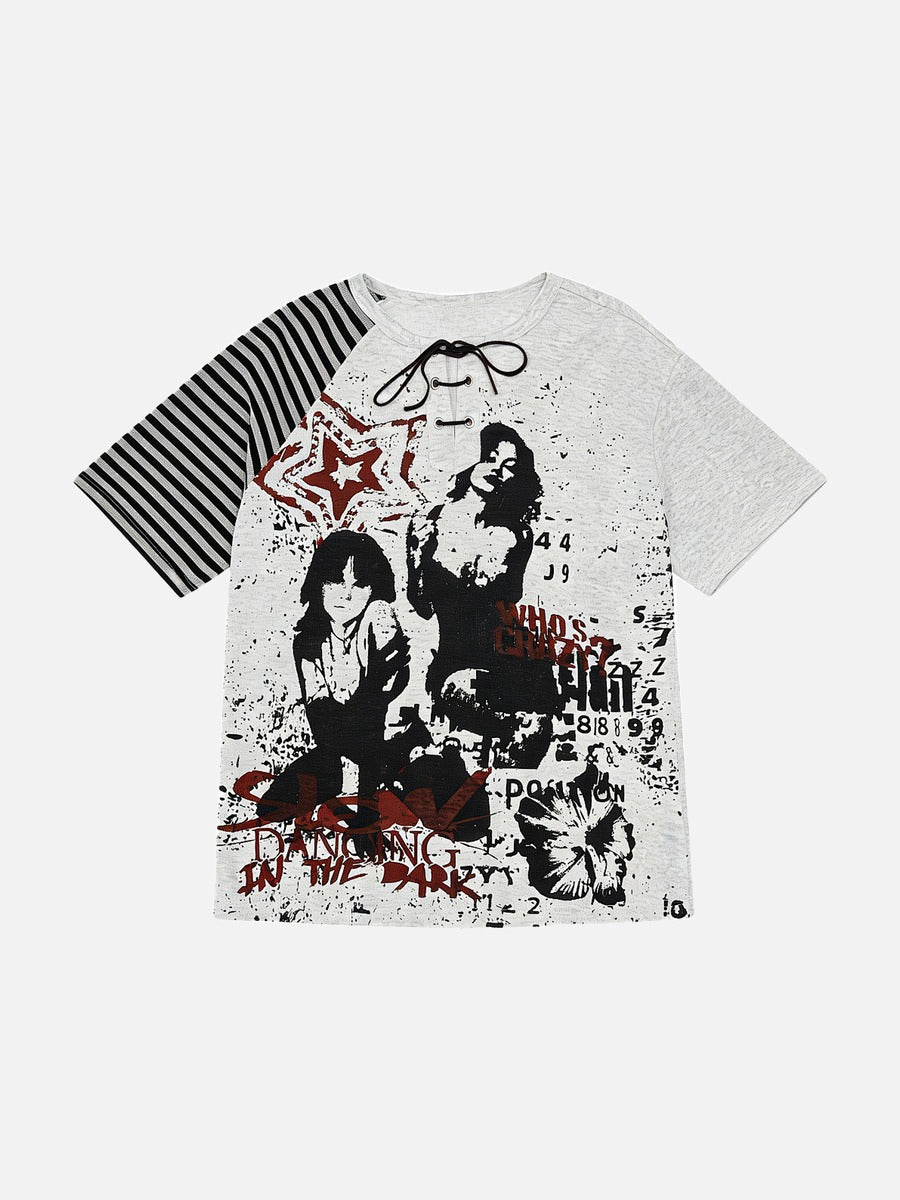 Distressed Graphic and Striped Sleeve T-Shirt