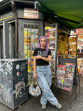 DAXUEN black oversized distressed graphic tee — model photo