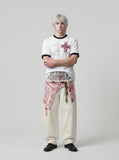 DAXUEN Distressed graphic crewneck T-shirt in white and grey melange — model photo