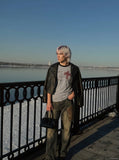 DAXUEN Distressed graphic crewneck T-shirt in white and grey melange — model photo