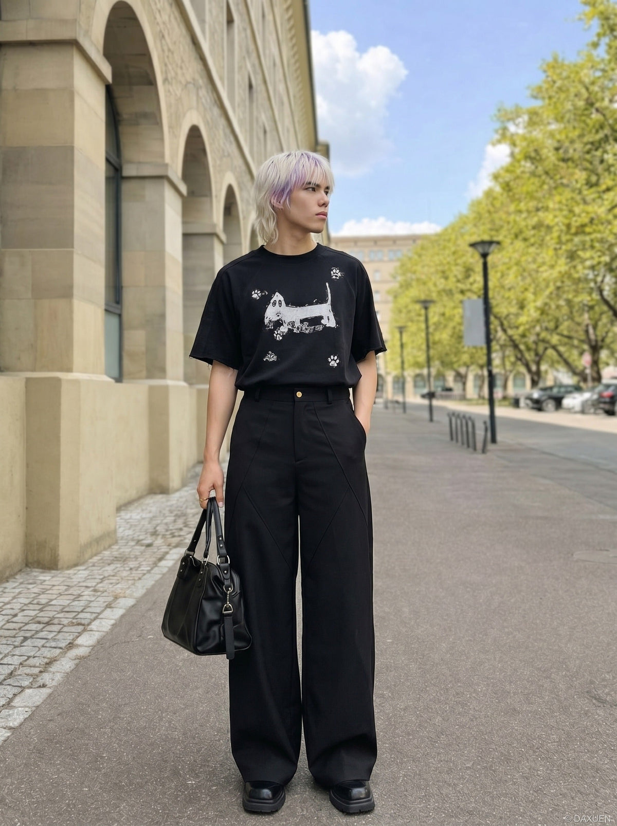 DAXUEN Distressed graphic dog print short-sleeved T-shirt — model photo