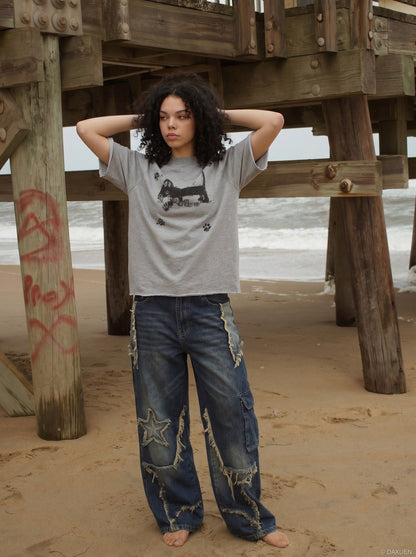 DAXUEN Distressed graphic dog print short-sleeved T-shirt — model photo