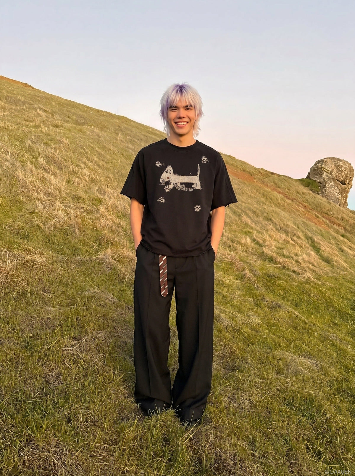DAXUEN Distressed graphic dog print short-sleeved T-shirt — model photo