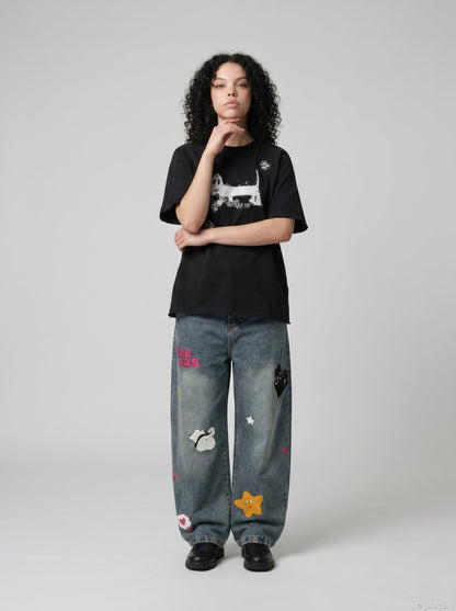 DAXUEN Distressed graphic dog print short-sleeved T-shirt — model photo