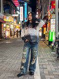 DAXUEN gradient oversized distressed graphic long-sleeve t-shirt — model photo