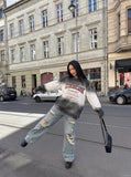 DAXUEN gradient oversized distressed graphic long-sleeve t-shirt — model photo