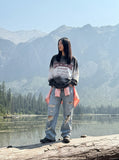 DAXUEN gradient oversized distressed graphic long-sleeve t-shirt — model photo