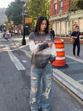 DAXUEN gradient oversized distressed graphic long-sleeve t-shirt — model photo