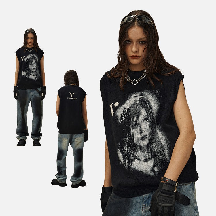 DAXUEN Sleeveless black knit vest with graphic design