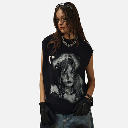 DAXUEN Sleeveless black knit vest with graphic design — model photo