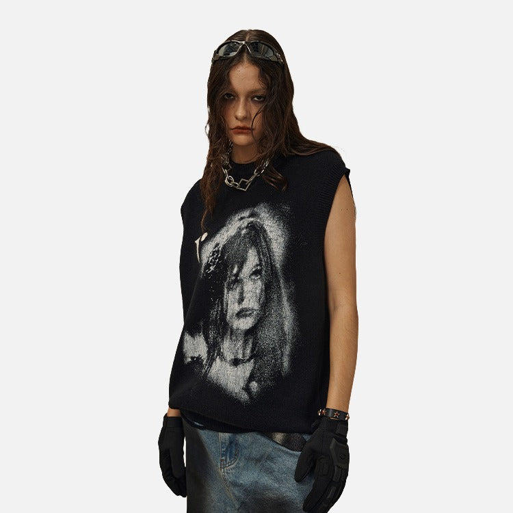 DAXUEN Sleeveless black knit vest with graphic design — model photo