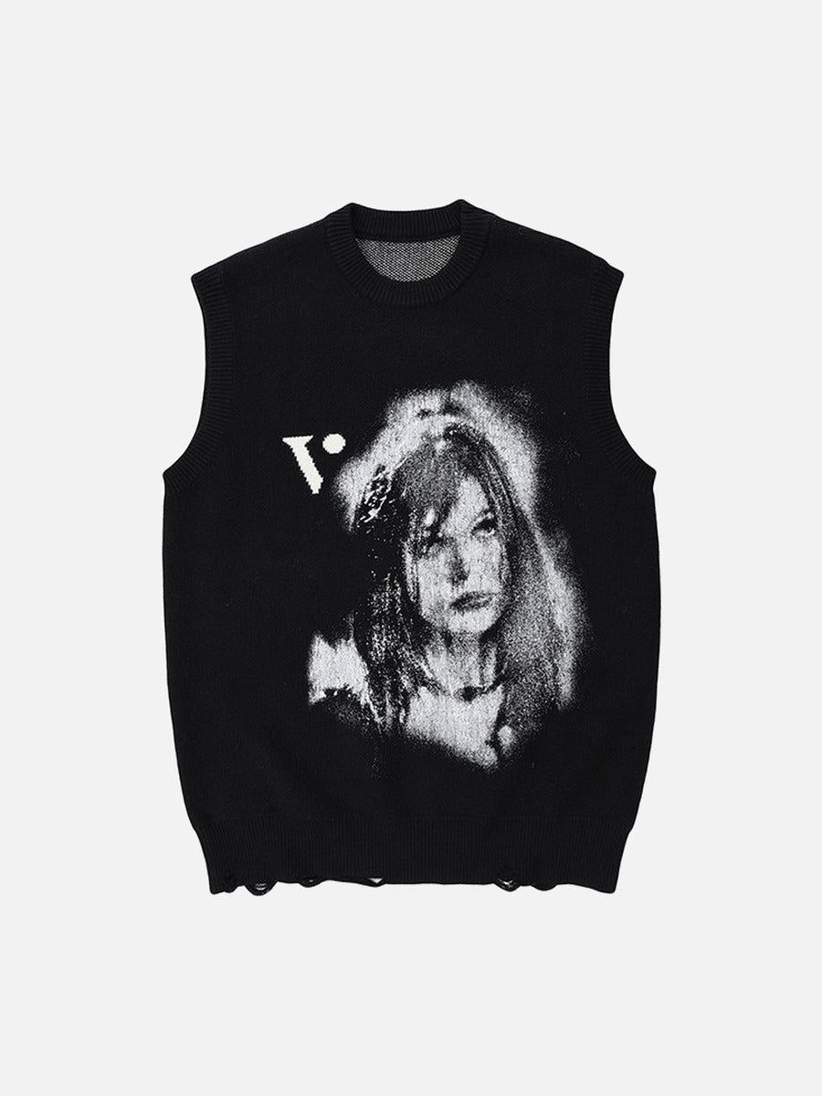 DAXUEN Sleeveless black knit vest with graphic design