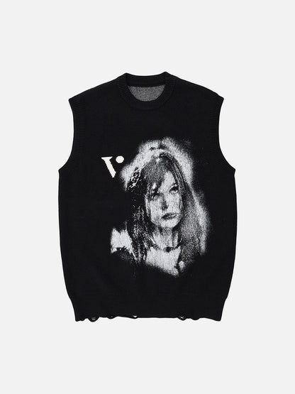DAXUEN Sleeveless black knit vest with graphic design