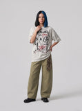 DAXUEN washed grey oversized distressed graphic tee — model photo