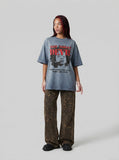DAXUEN faded blue-grey oversized 'NOT TODAY DEVIL' graphic T-shirt — model photo