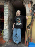 DAXUEN Distressed graphic portrait t-shirt in black and white — model photo