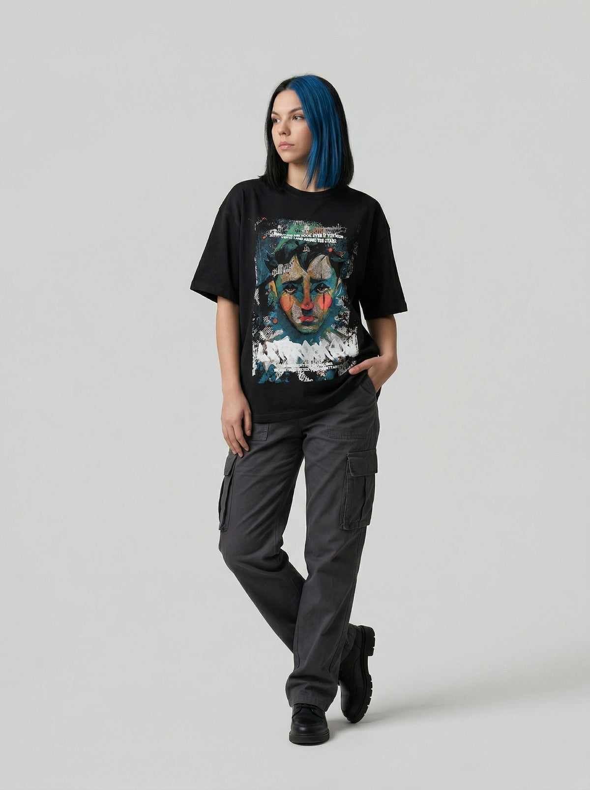 DAXUEN Distressed graphic portrait t-shirt in black and white — model photo