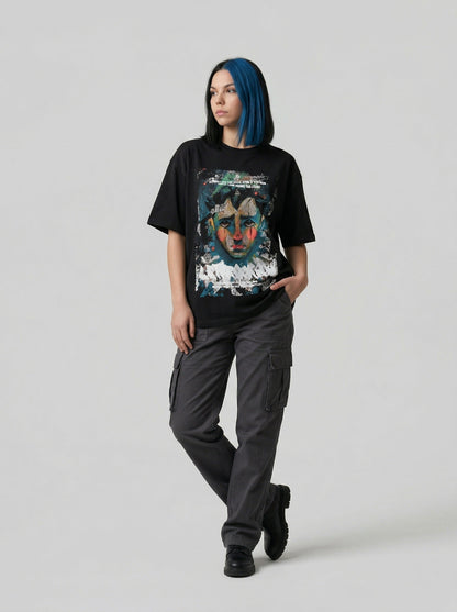DAXUEN Distressed graphic portrait t-shirt in black and white — model photo