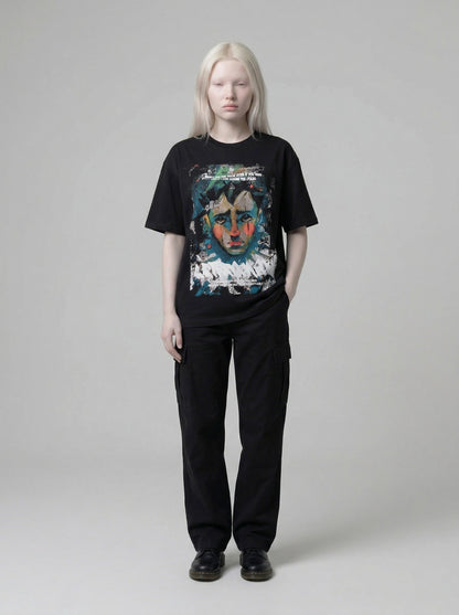 DAXUEN Distressed graphic portrait t-shirt in black and white — model photo