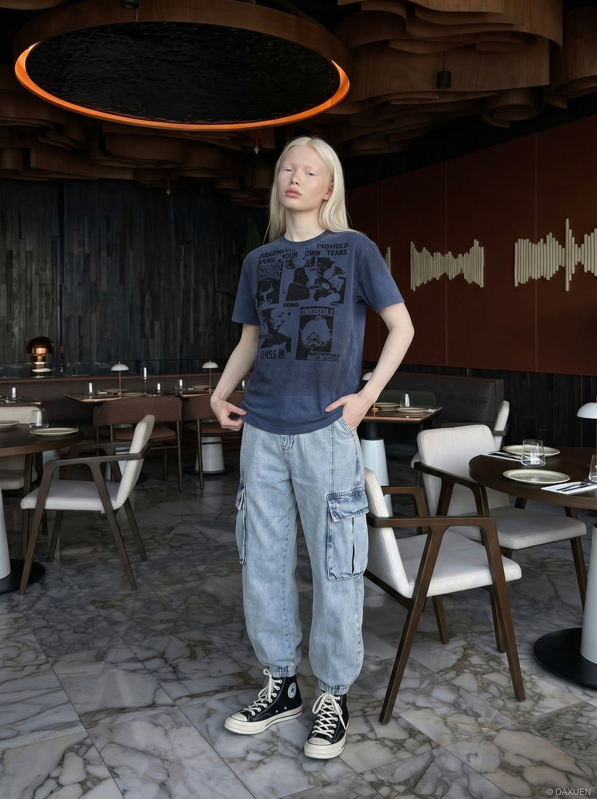 DAXUEN Distressed Graphic Print Crew Neck T-Shirt | DAXUEN — model photo