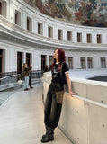 DAXUEN Distressed graphic ringer T-shirt with ribbed collar and cuffs — model photo