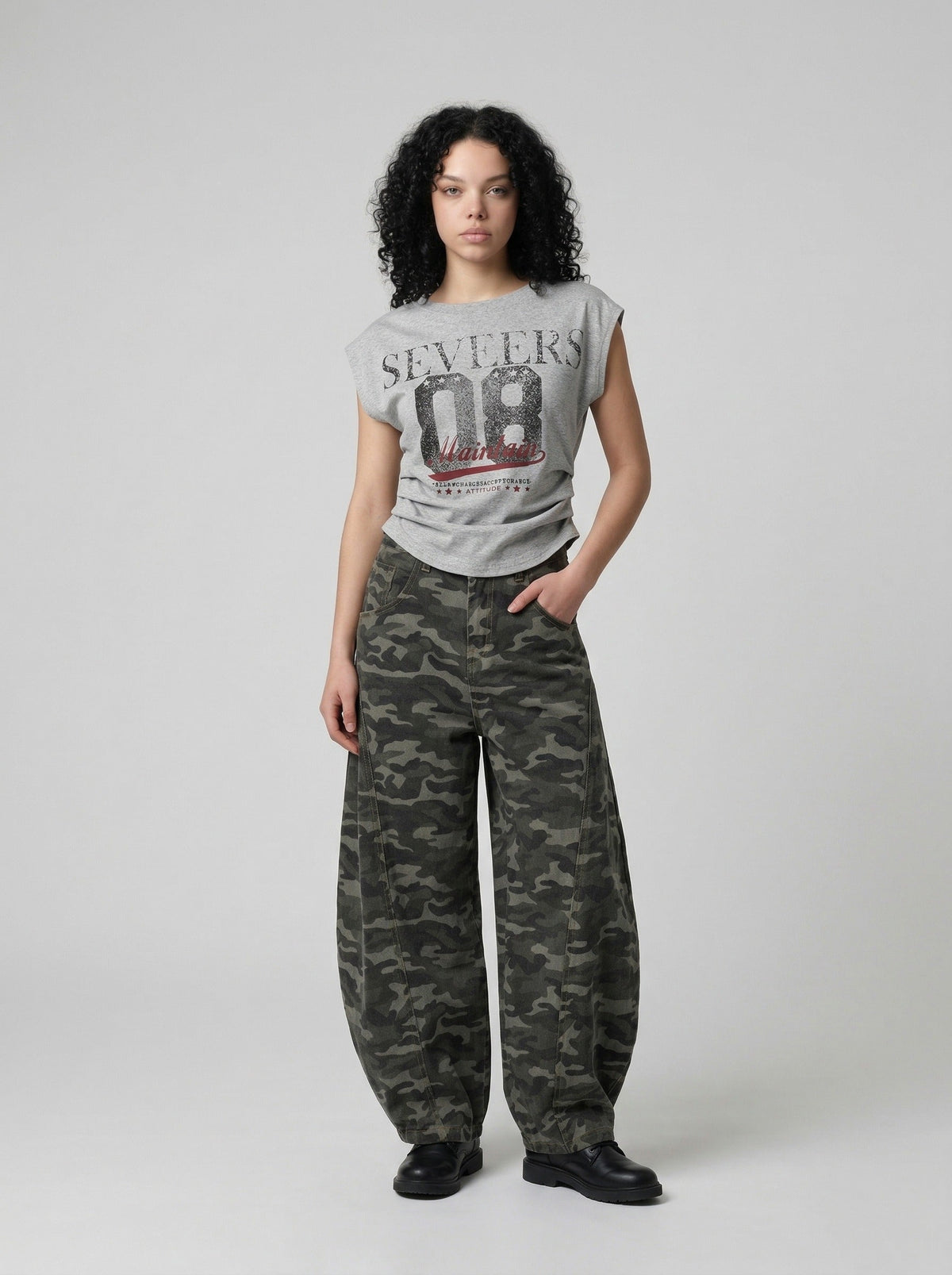 DAXUEN Distressed graphic ruched short-sleeved t-shirt — model photo
