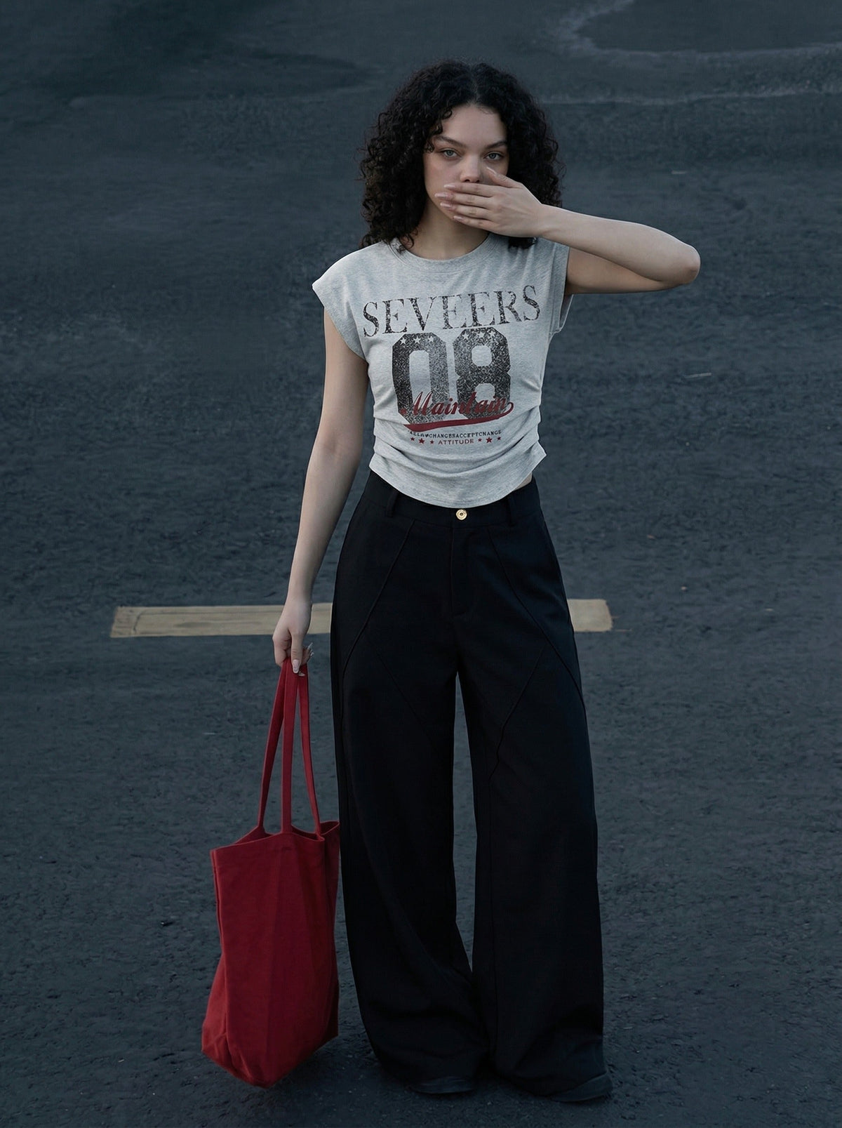 DAXUEN Distressed graphic ruched short-sleeved t-shirt — model photo