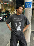 DAXUEN Distressed graphic T-shirt with raw-cut edges — model photo