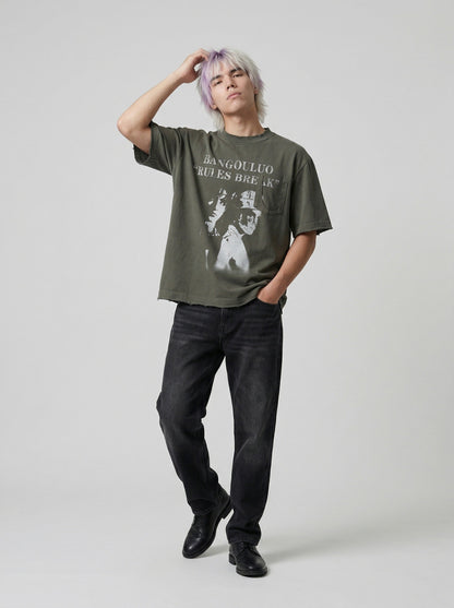 DAXUEN Distressed graphic T-shirt with raw-cut edges — model photo
