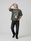 DAXUEN Distressed graphic T-shirt with raw-cut edges — model photo