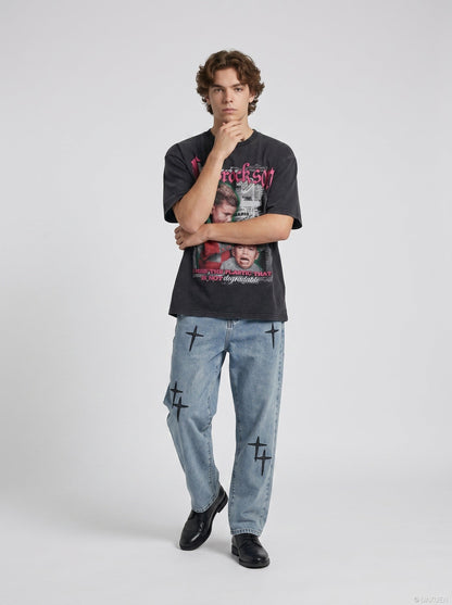 DAXUEN Distressed graphic short-sleeved T-shirt — model photo