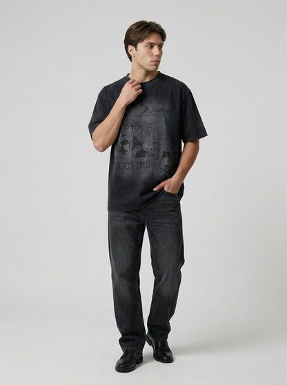DAXUEN Distressed black graphic t-shirt with raw-edge neckline — model photo