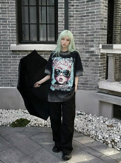 DAXUEN Distressed oversized short-sleeved graphic T-shirt — model photo