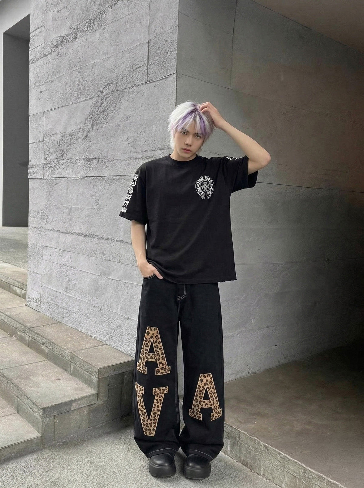 Distressed Graphic Tee with Embroidery