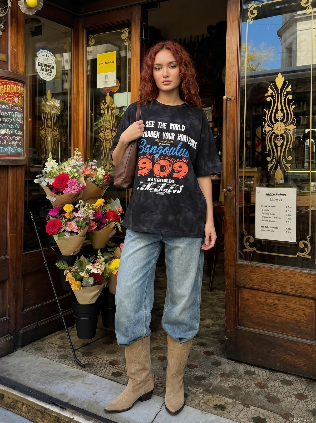DAXUEN Oversized distressed graphic tie-dye short-sleeve T-shirt — model photo