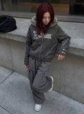 DAXUEN dark grey distressed faux suede hooded bomber jacket — model photo