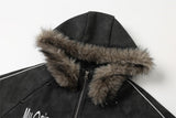DAXUEN dark grey distressed faux suede hooded bomber jacket