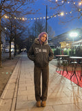 DAXUEN dark grey distressed faux suede hooded bomber jacket — model photo