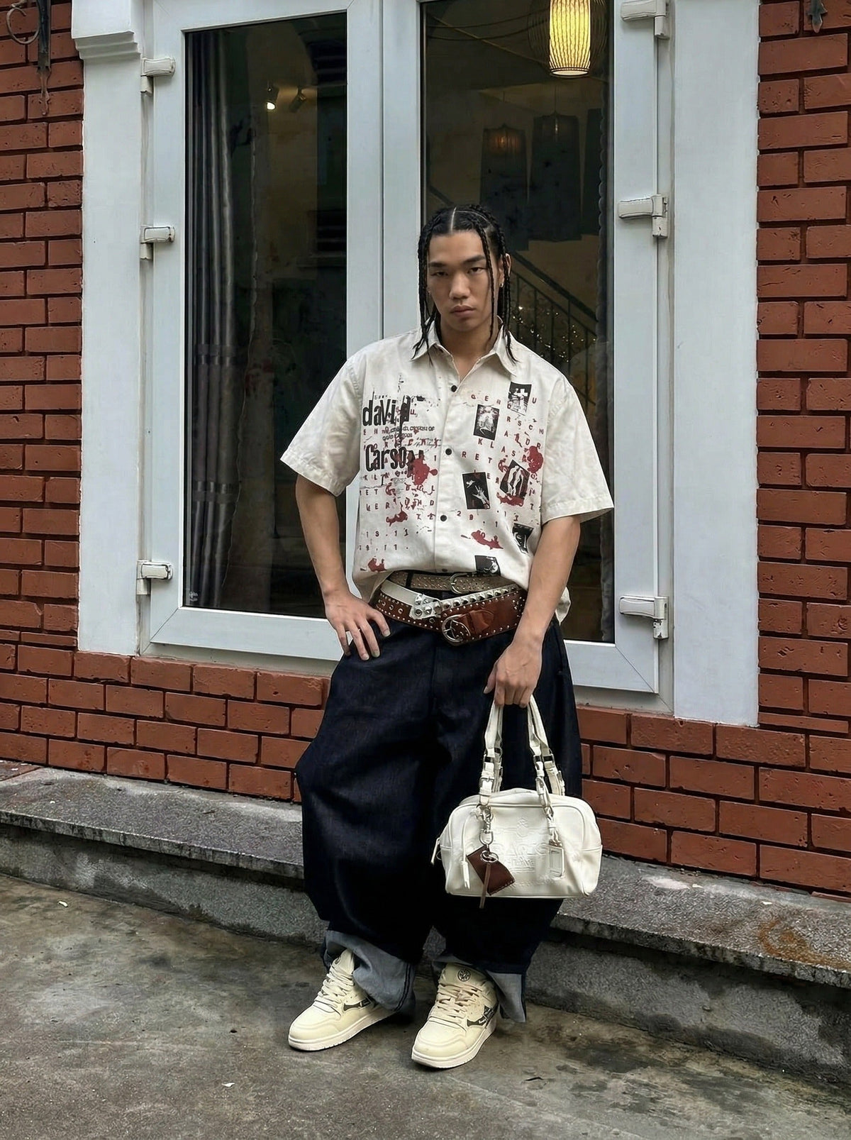 DAXUEN Distressed grunge graphic button-up shirt — model photo