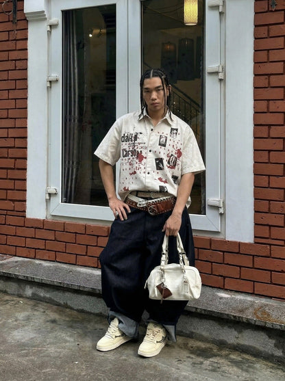 DAXUEN Distressed grunge graphic button-up shirt — model photo