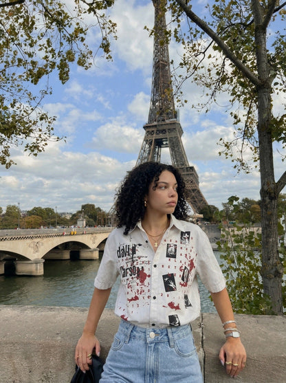 DAXUEN Distressed grunge graphic button-up shirt — model photo