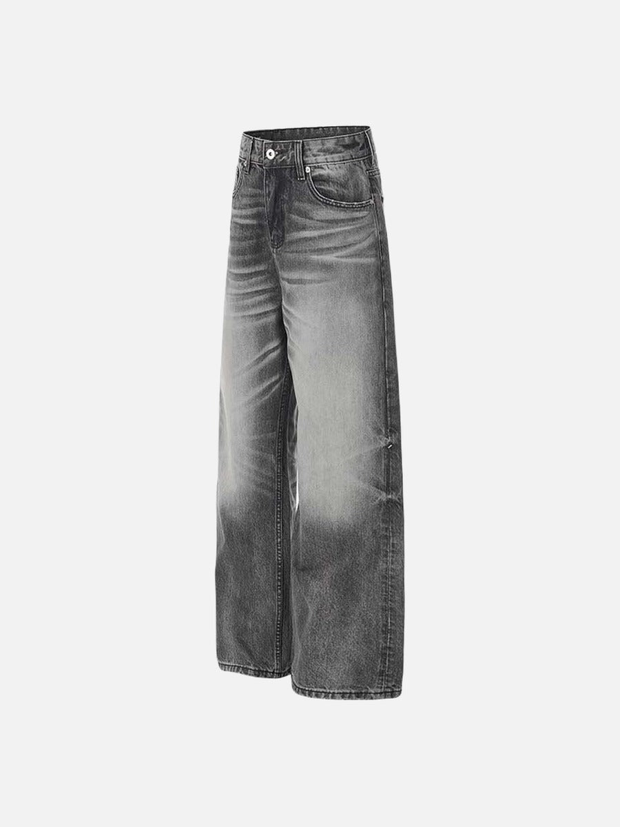 DAXUEN Distressed high-waisted wide-leg jeans in washed black denim
